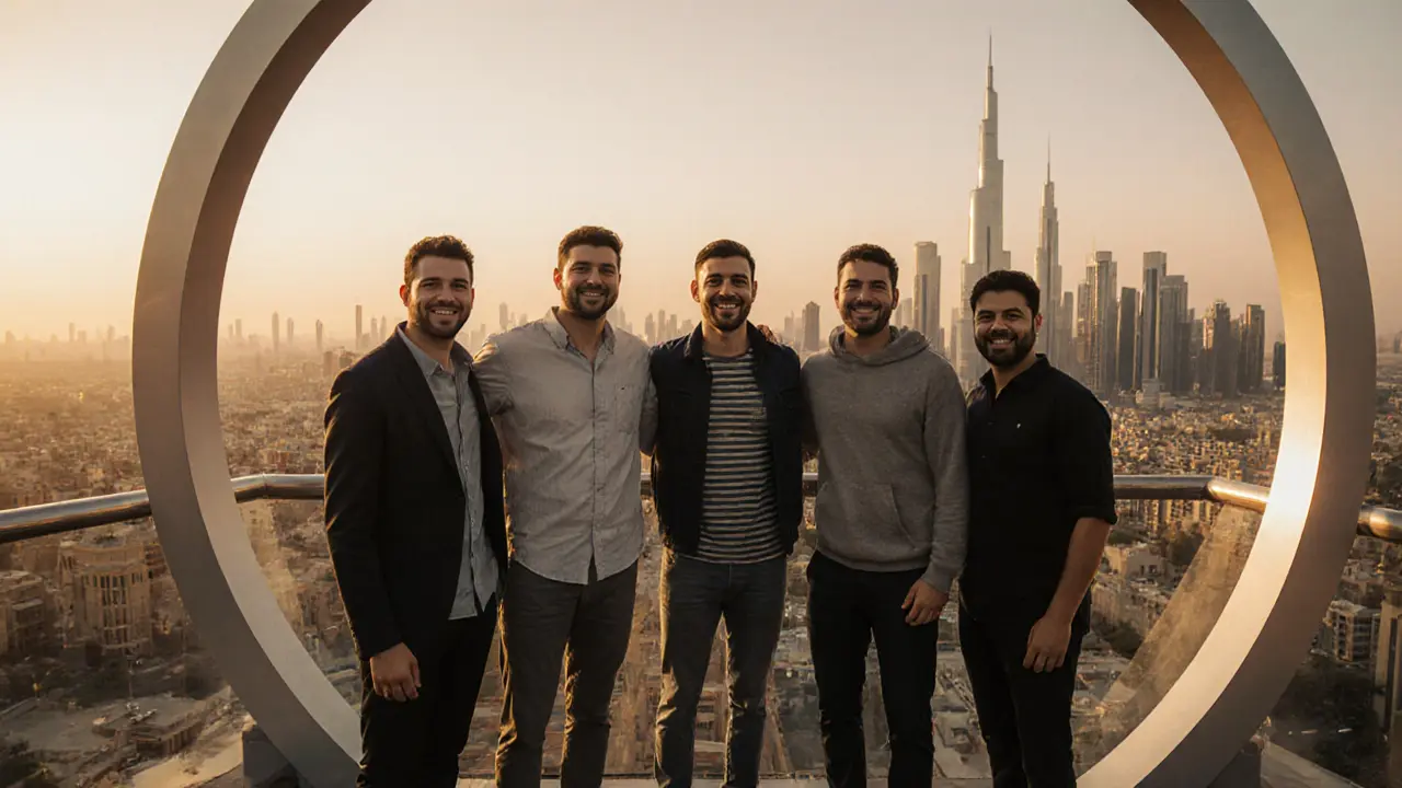 Group photo with Dubai&#039;s old and new skyline visible from the top of Dubai Frame at sunset