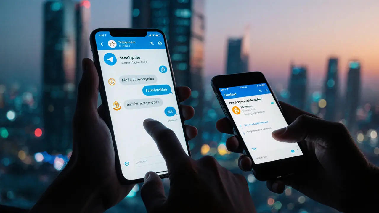 Hands interacting with an encrypted messaging app and Bitcoin payment confirmation, Dubai skyline reflected in background.