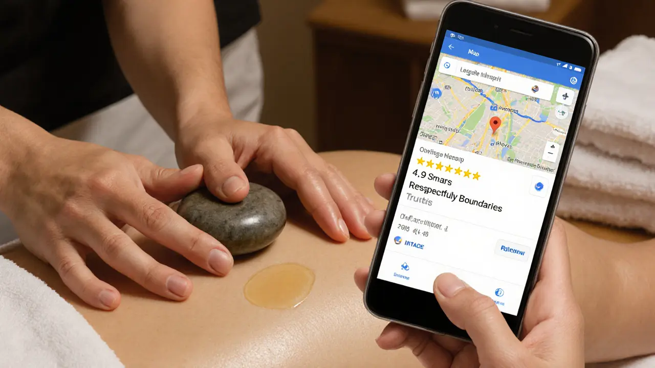 Hands placing a hot stone on a draped back, with a smartphone showing a 4.9-star review for a licensed therapist.