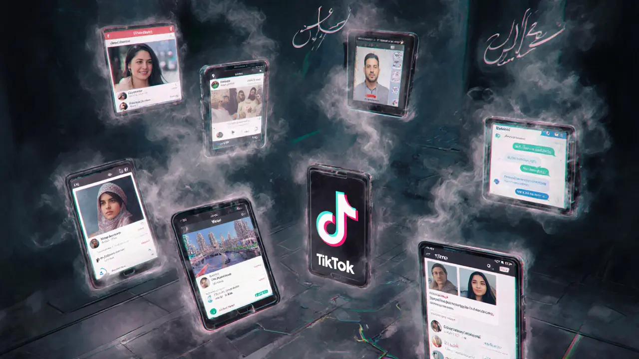 Hidden network of glowing smartphone screens in a dim apartment, showing dating apps and Western content with Arabic calligraphy swirling above.