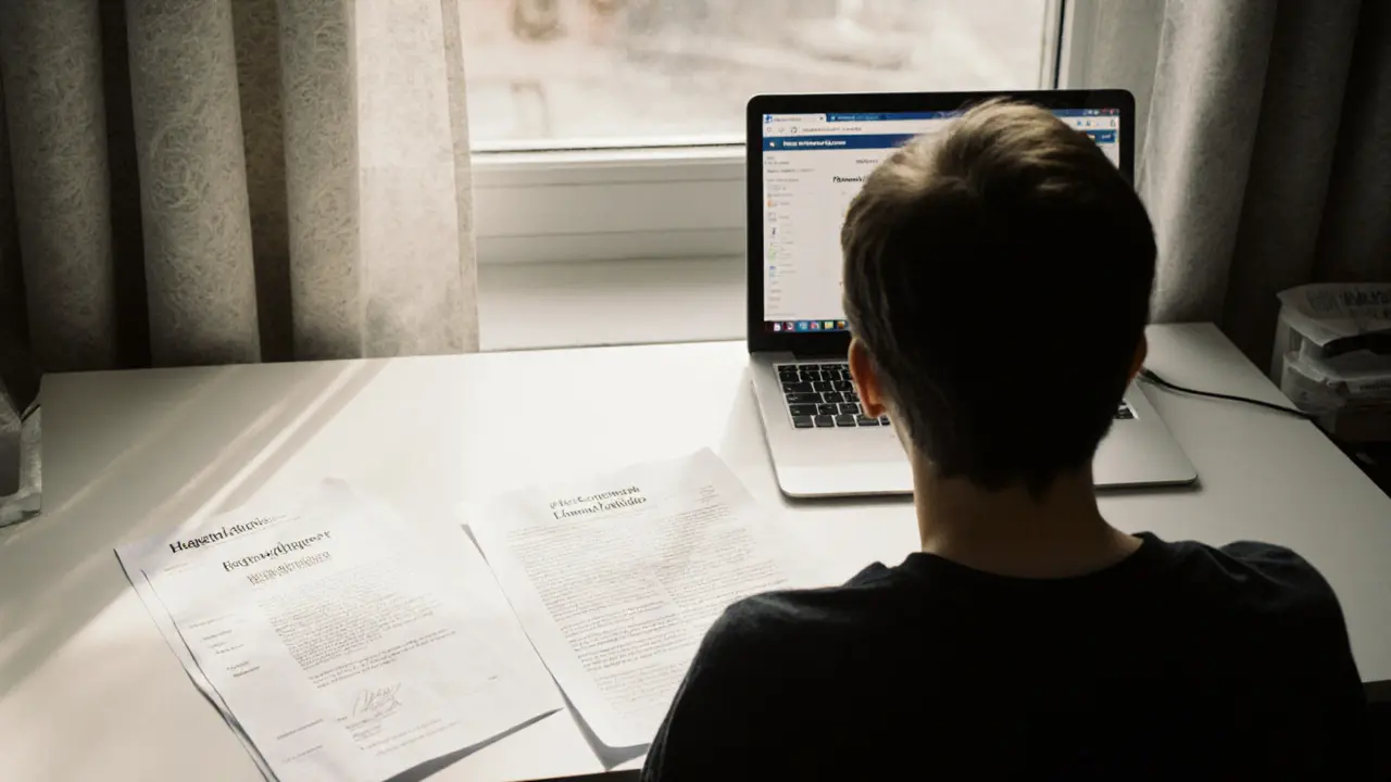 Individual reviewing legal documents and health records at a desk in a foreign city.