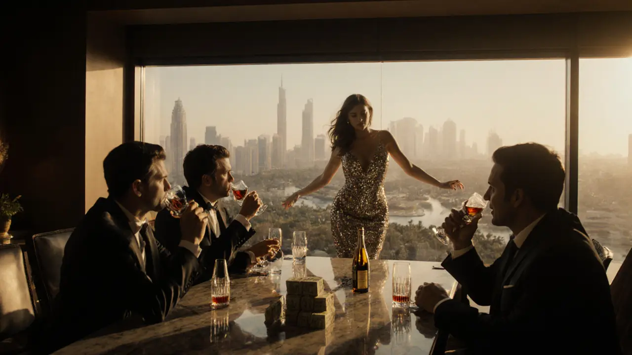 Luxurious private lounge with a dancer under a spotlight and men in suits surrounded by cash and champagne.