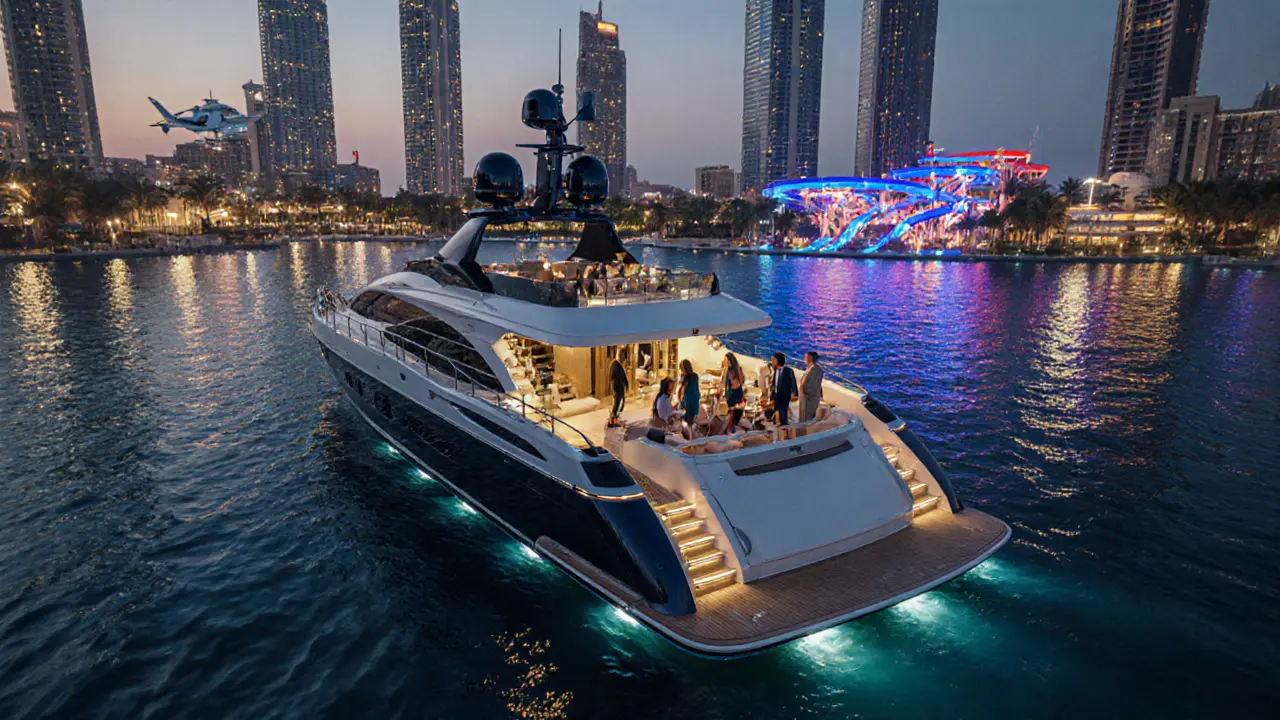 Luxury yacht at Dubai Marina at twilight with Burj Khalifa glowing in background and helicopter nearby.