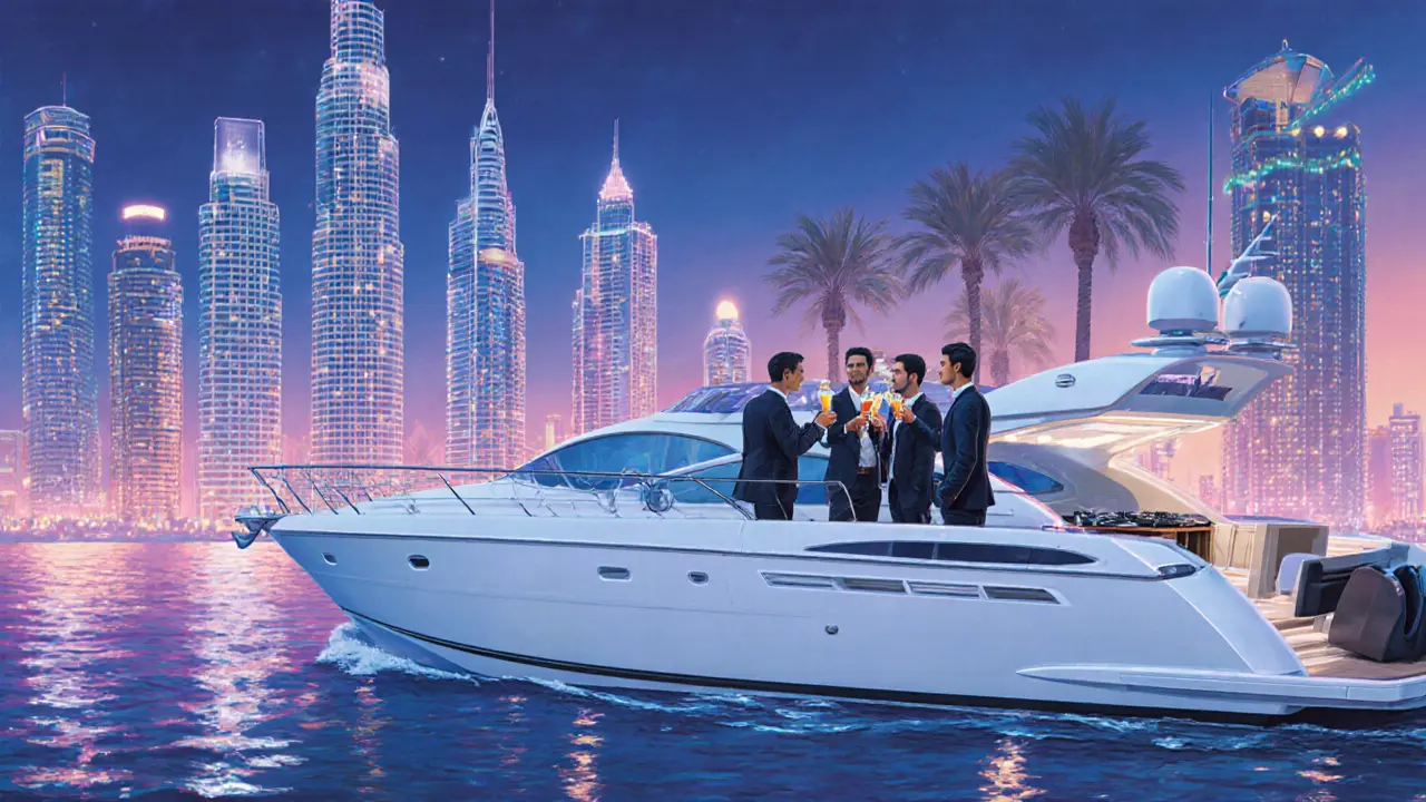 Luxury yacht party on Dubai Marina at twilight with skyline reflections and guests toasting on deck.