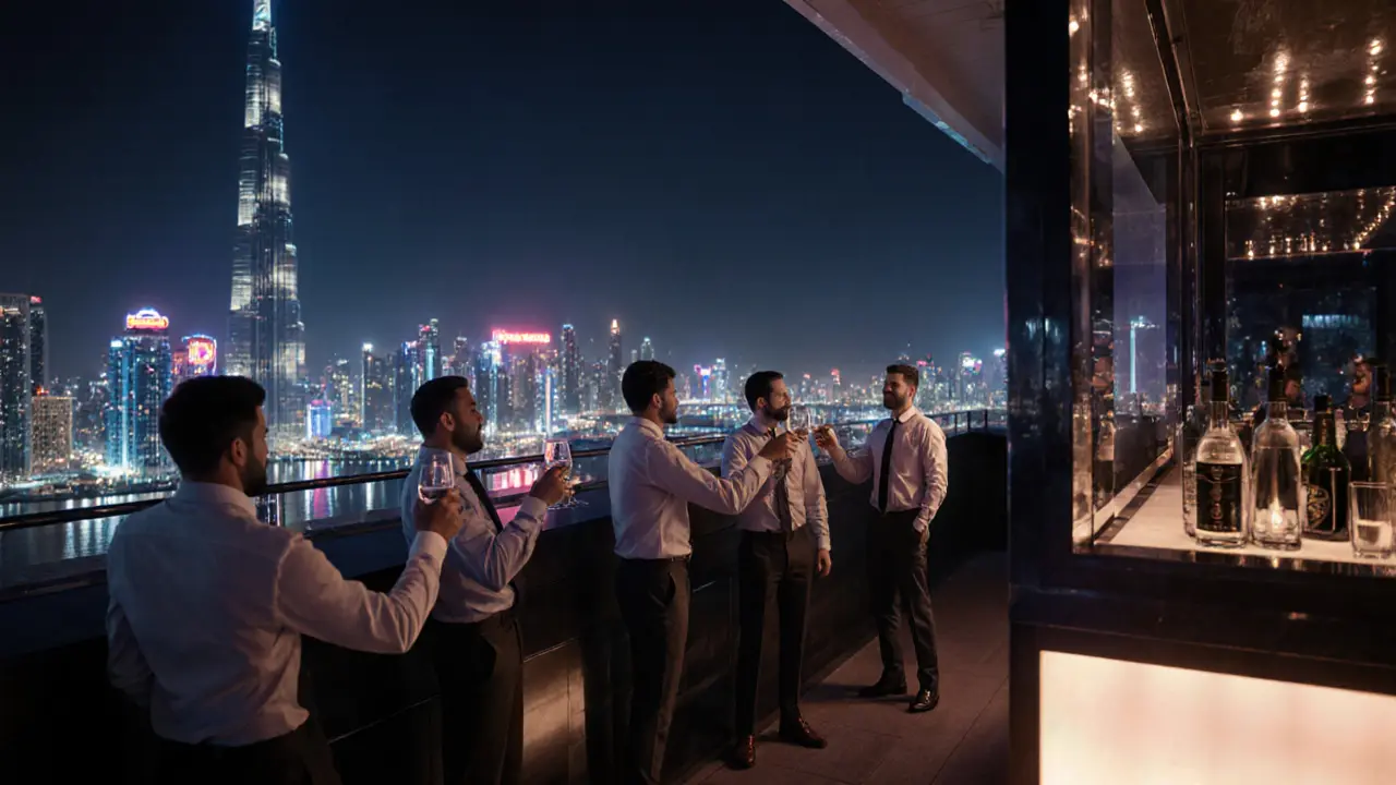 Men celebrating on a rooftop bar in Dubai with Burj Khalifa lit up in the distance.
