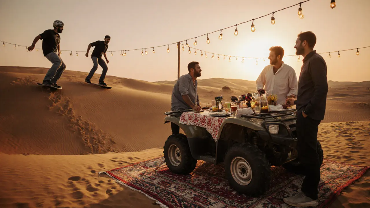 Men enjoying a legal desert safari with sandboarding and camp dining at dusk.