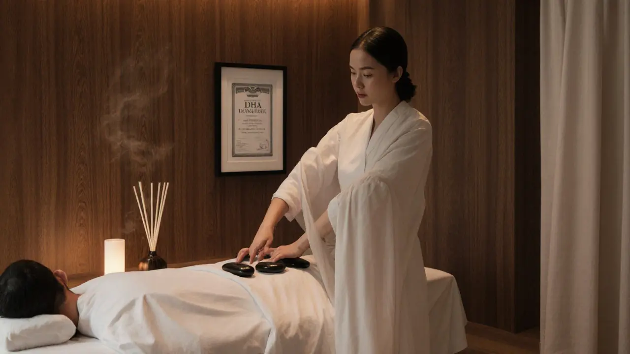 Modern luxury spa with therapist performing hot stone massage on client’s back, licensed signage visible, serene lighting.