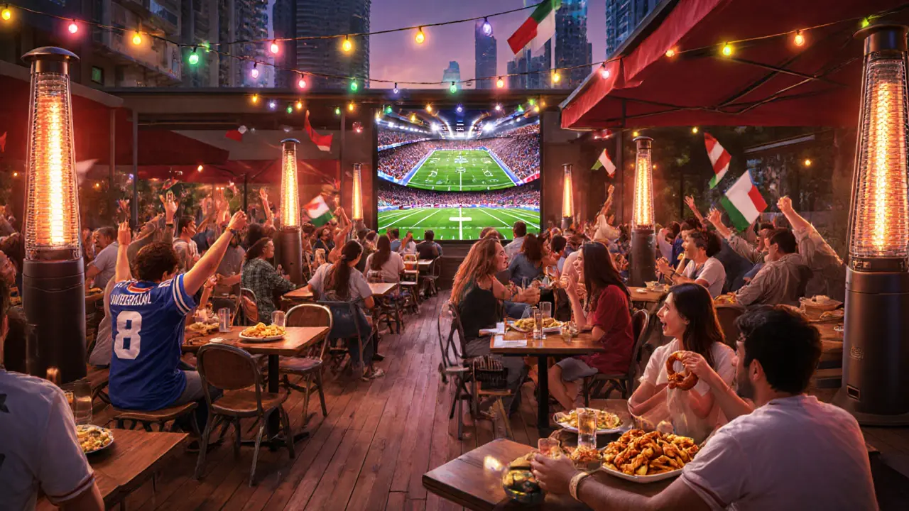 Patrons enjoying food and drinks at The Big Game&#039;s outdoor patio during halftime, large screen displaying soccer stats behind them.