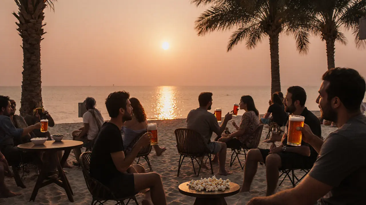People relaxing on sand at a beachside bar with pints and popcorn as the sun sets over the ocean.