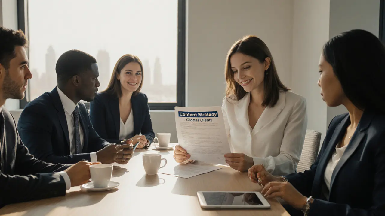 Professionals collaborating in a Dubai co-working space, one woman reviewing a content strategy contract.