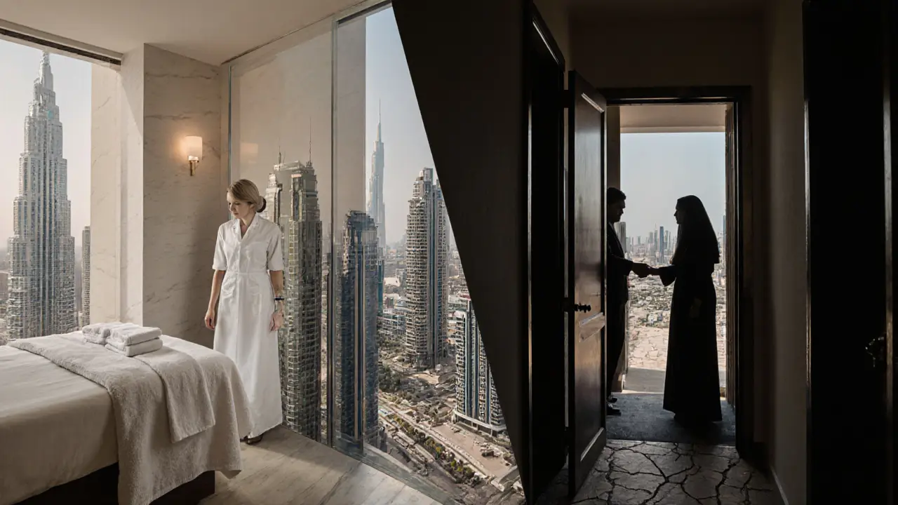 Split image: luxury hotel spa on one side, hidden apartment session on the other, with Dubai&#039;s skyline above.