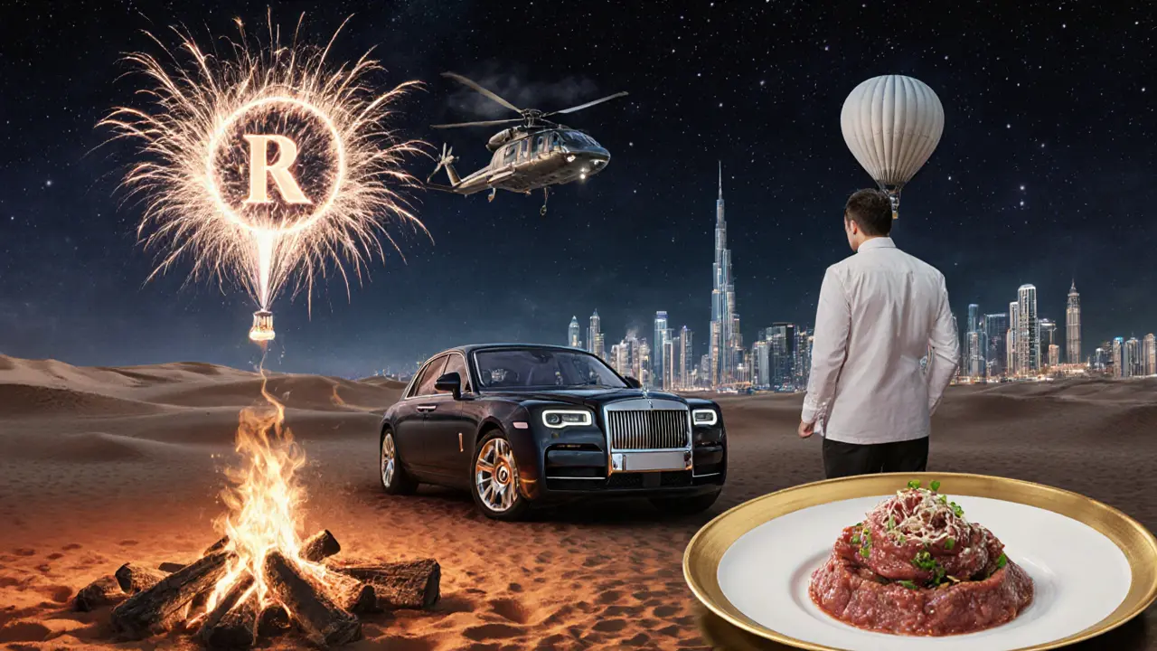 Surreal collage of desert camp, hot air balloon, Rolls-Royce, and fireworks over Palm Jumeirah under stars.