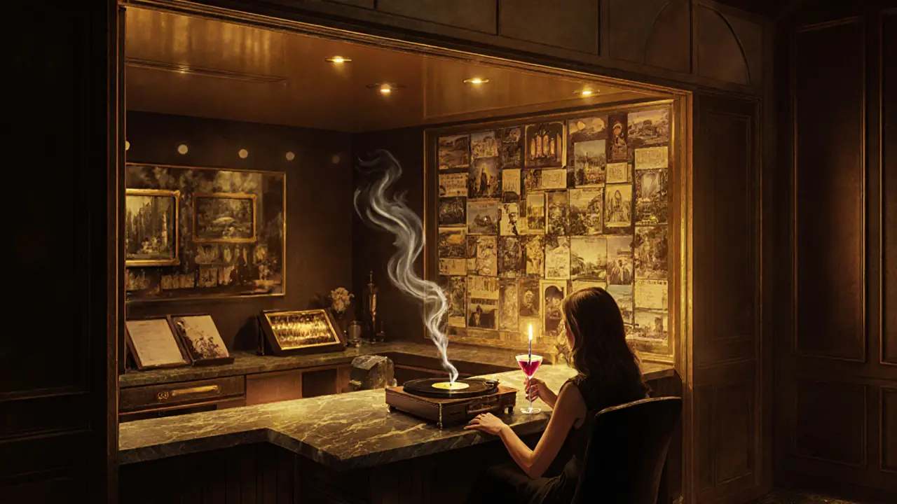 The Velvet Room inside a hotel wall, with vintage postcards, vinyl records, and a signature cocktail in hand.