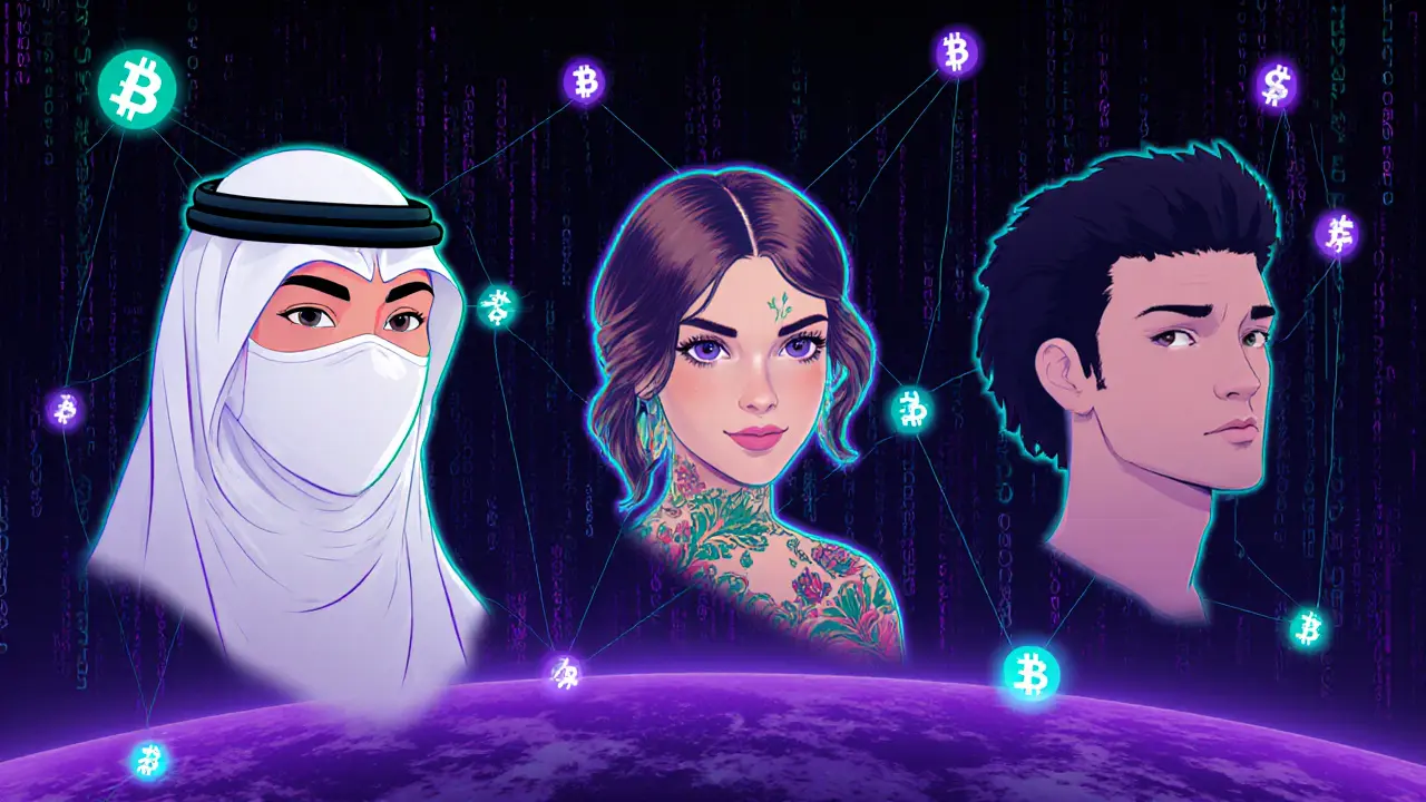 Three digital avatars representing diverse adult content creators connected by encrypted data streams and crypto symbols.