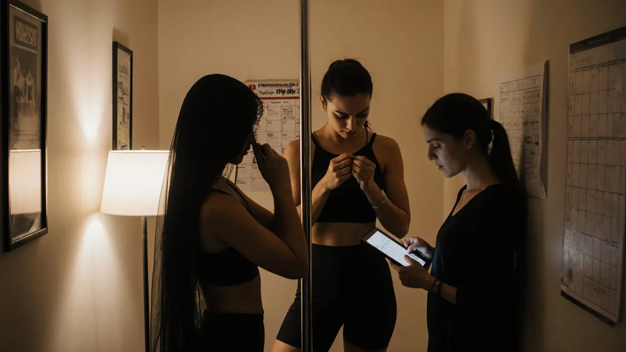 Three elite dancers prepare backstage in a quiet hallway, surrounded by wellness and training cues.