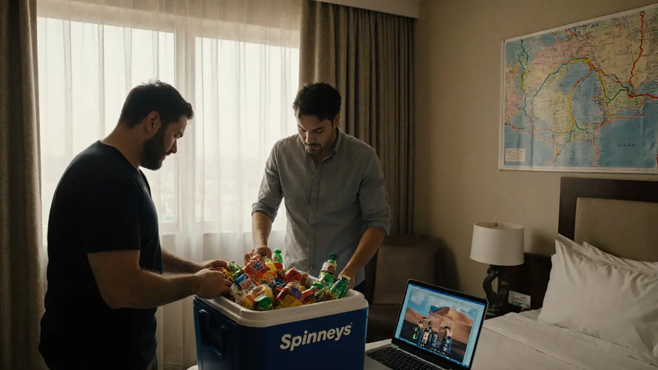 Three guys in a hotel room unpacking supermarket groceries for a budget bachelor party.