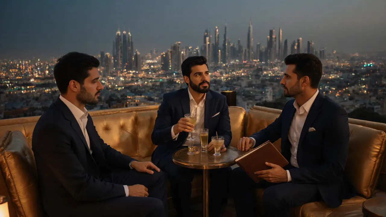 Three professionals having a quiet conversation on a rooftop lounge in Dubai, atmosphere of private business negotiation.