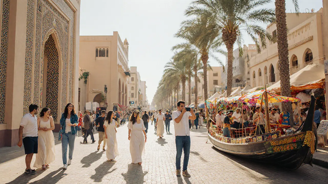 Tourists enjoying legal activities in Dubai’s historic district: visiting a museum, at a food festival, and taking photos under palm trees.