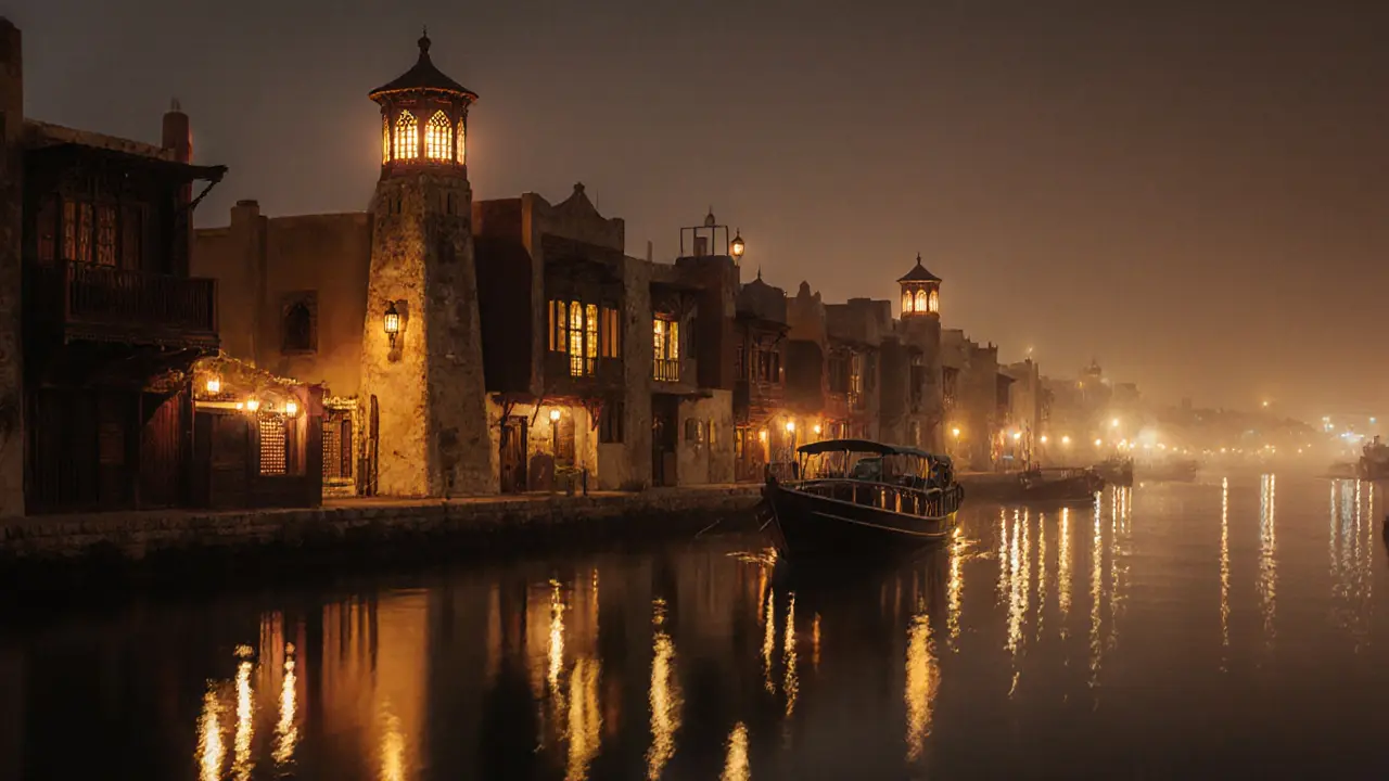 Traditional Al Seef district at night, warm lantern lights reflecting on calm canal water with wooden architecture.