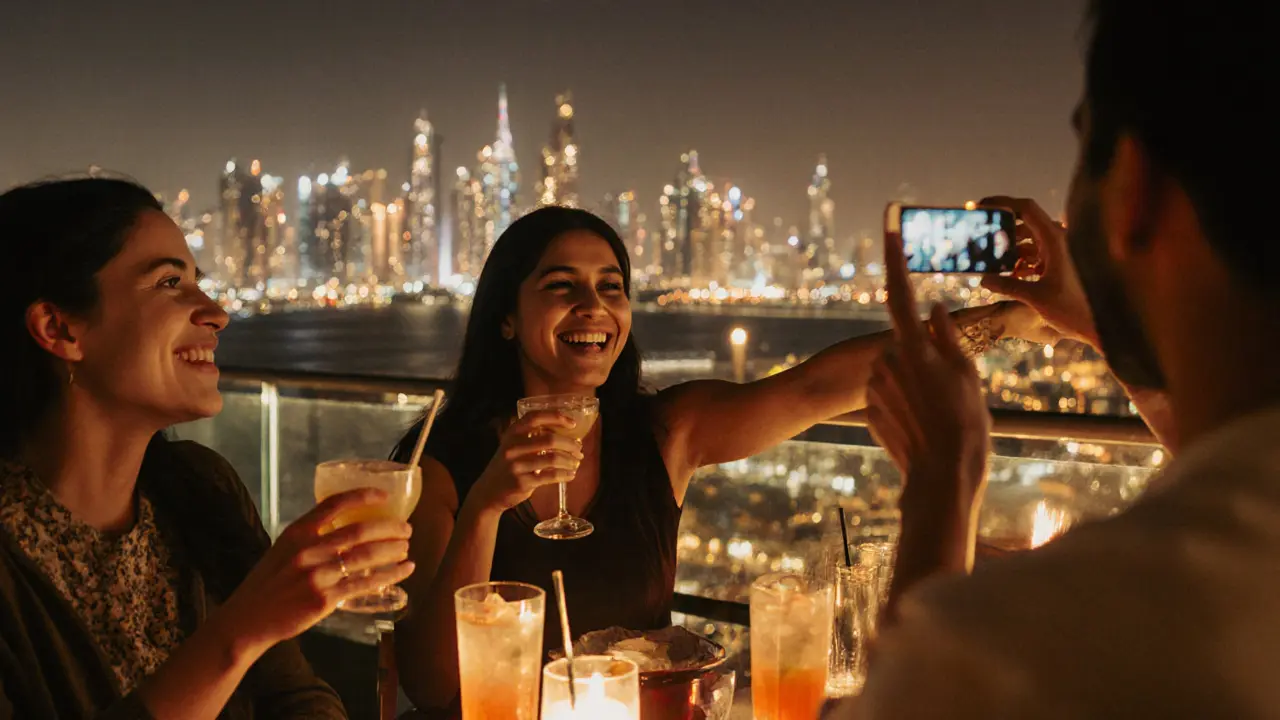 Travelers enjoying drinks at a vibrant Dubai rooftop bar, city lights glowing behind them.