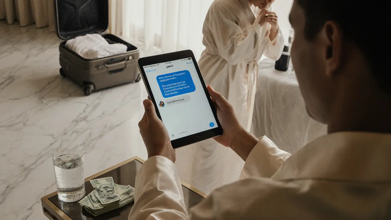 Two individuals in a luxury hotel room, one showing an encrypted message on a tablet, the other adjusting a robe.