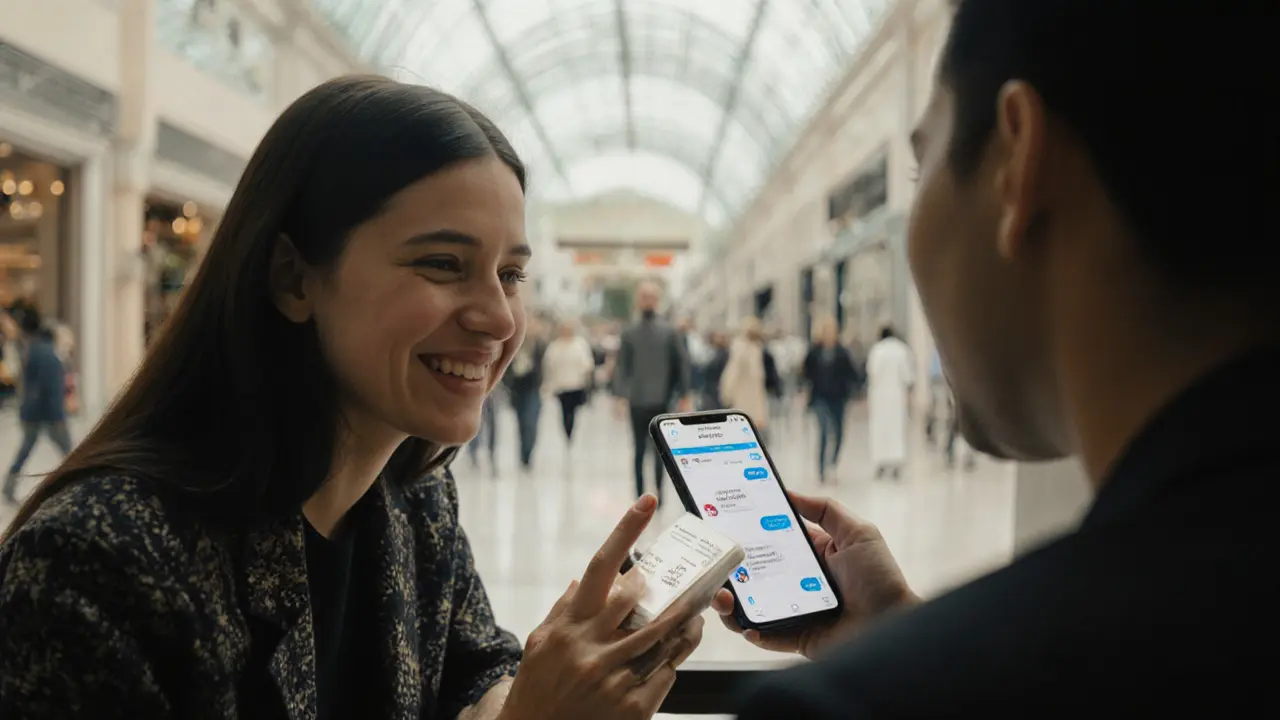 Two people meeting cautiously in a Dubai Mall coffee shop, exchanging a reassuring glance in public yet private silence.