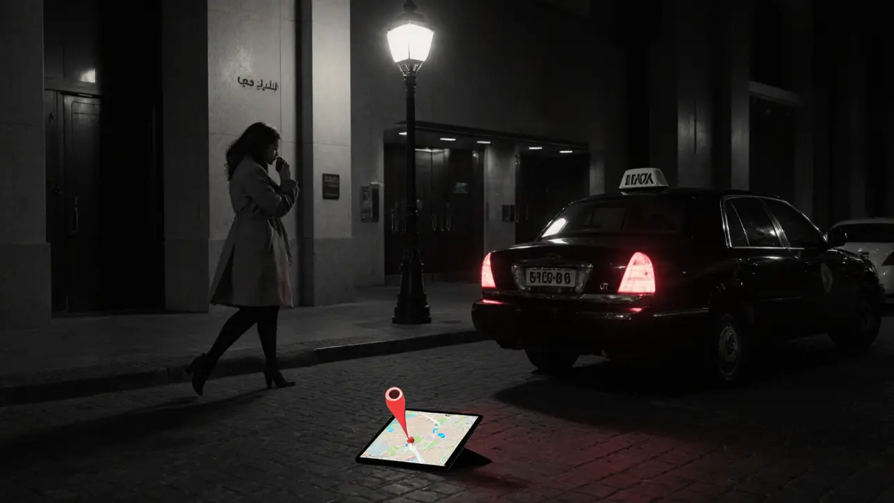 Woman entering a taxi at night in Dubai, a discarded tablet showing a fake location pin on the sidewalk.