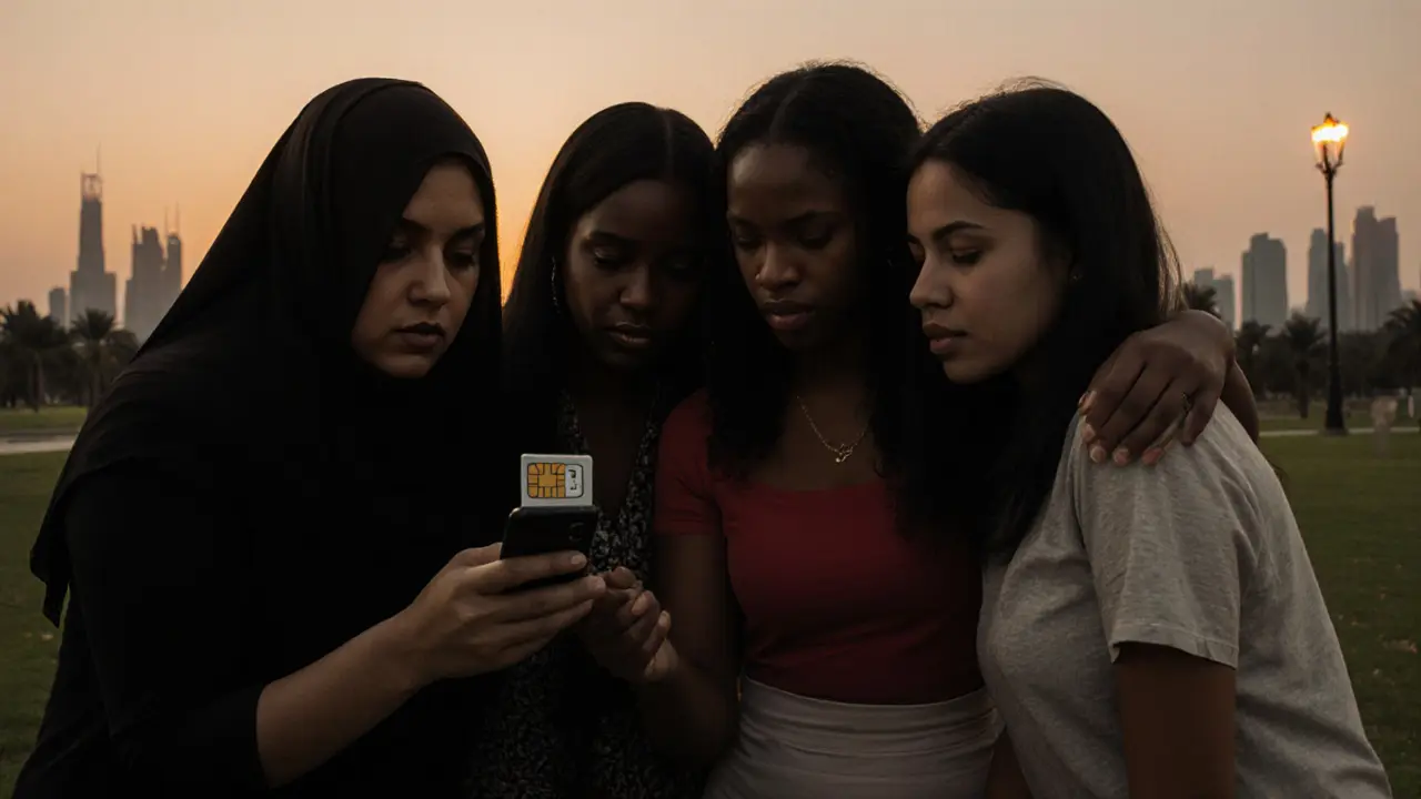 Women from different countries sharing a phone in a Dubai park at dusk, looking alert and cautious.