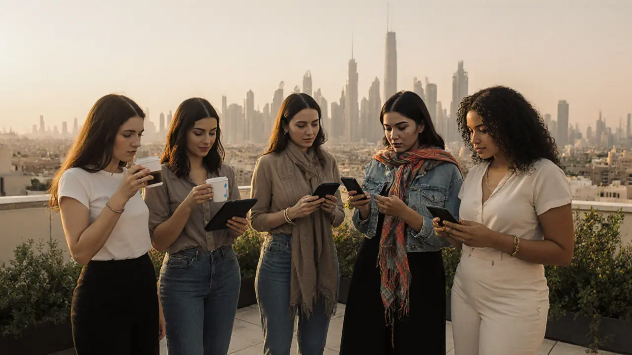 Women from different countries using encrypted apps on rooftops in Dubai, working independently with focus and calm.