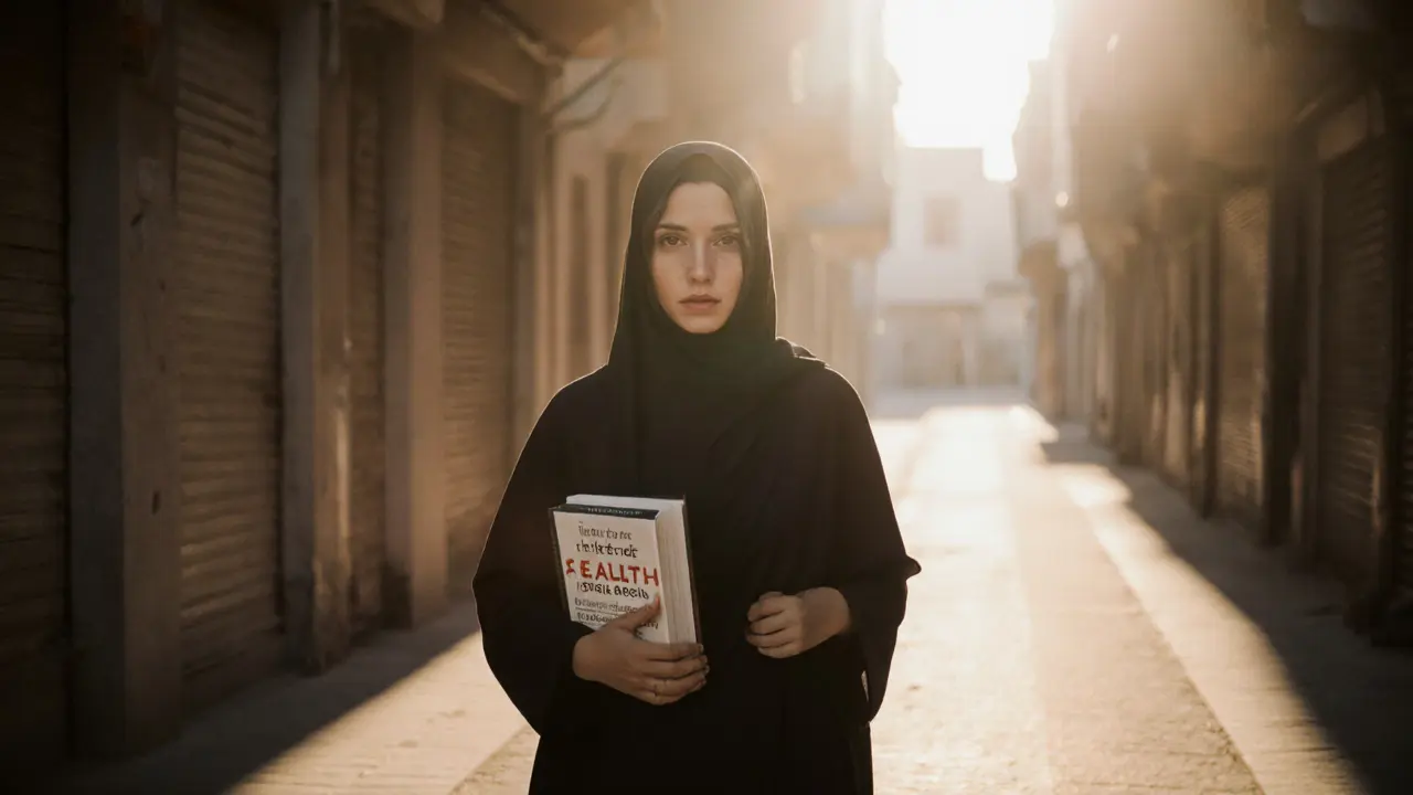 Young Emirati woman walking at dawn holding a sexual health book, abaya under hoodie.