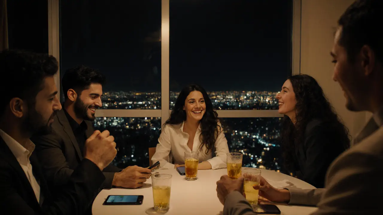 Young people at a private Dubai party, phones face down, city lights visible through balcony.