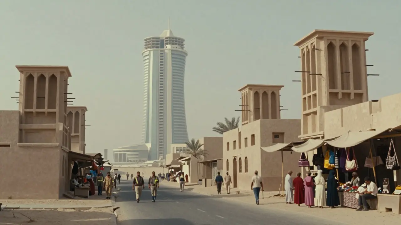 1970s Dubai showing modern hotel construction beside traditional buildings and expat women in the market.