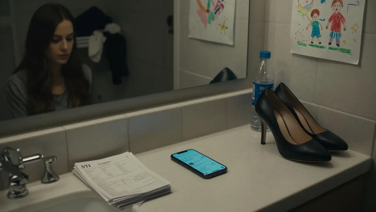 A burner phone with encrypted messages and STI test receipts on a bathroom counter, next to a child's drawing on the fridge.