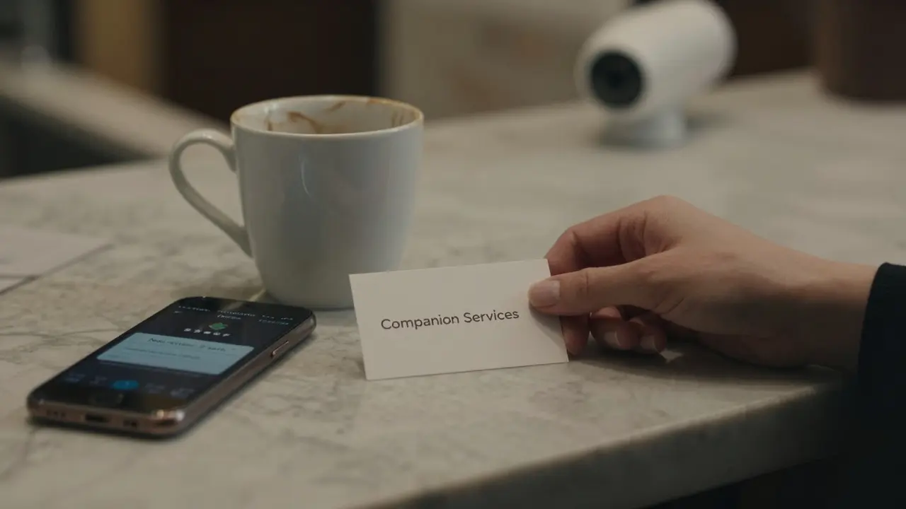 A business card for companion services placed beside a coffee cup in a luxury hotel lobby, subtly normalizing the service.