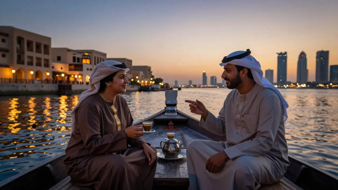 A companion and client enjoy Emirati coffee together on a traditional dhow boat at sunset.