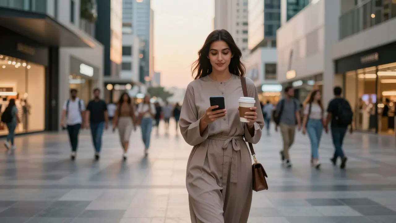 A confident Emirati woman walking through a Dubai mall, smiling softly at her phone.