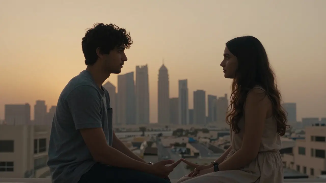 A couple on a Dubai balcony at sunset, hands nearly touching, expressing quiet emotional tension.