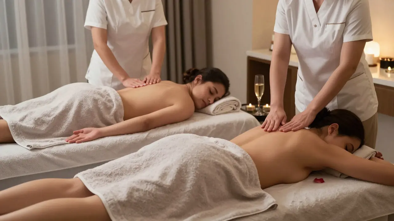 A couple receives side-by-side massages in a luxury hotel suite with soft lighting and rose petals.