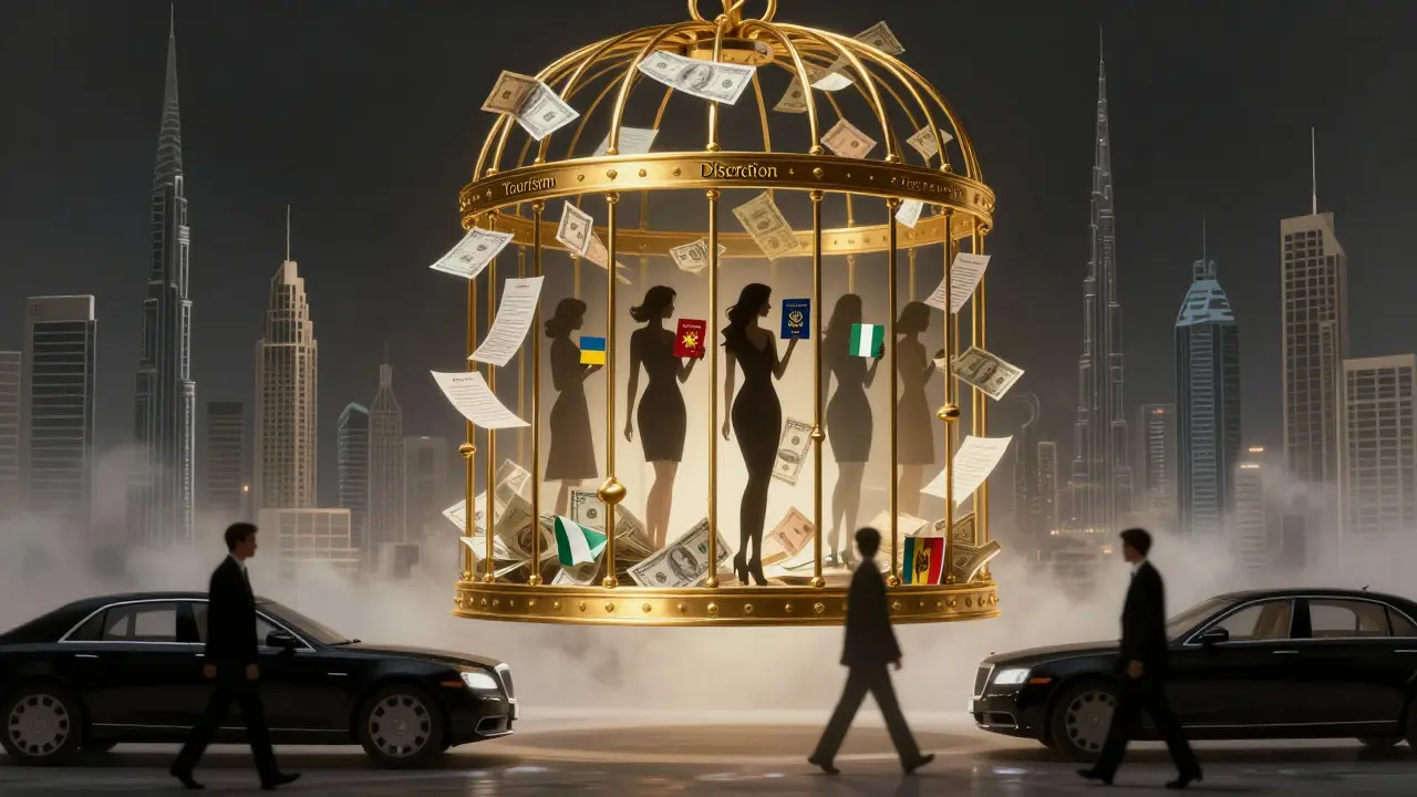 A golden cage with women holding different passports hovers above Dubai&#039;s skyline, shadowy figures below ignoring it.