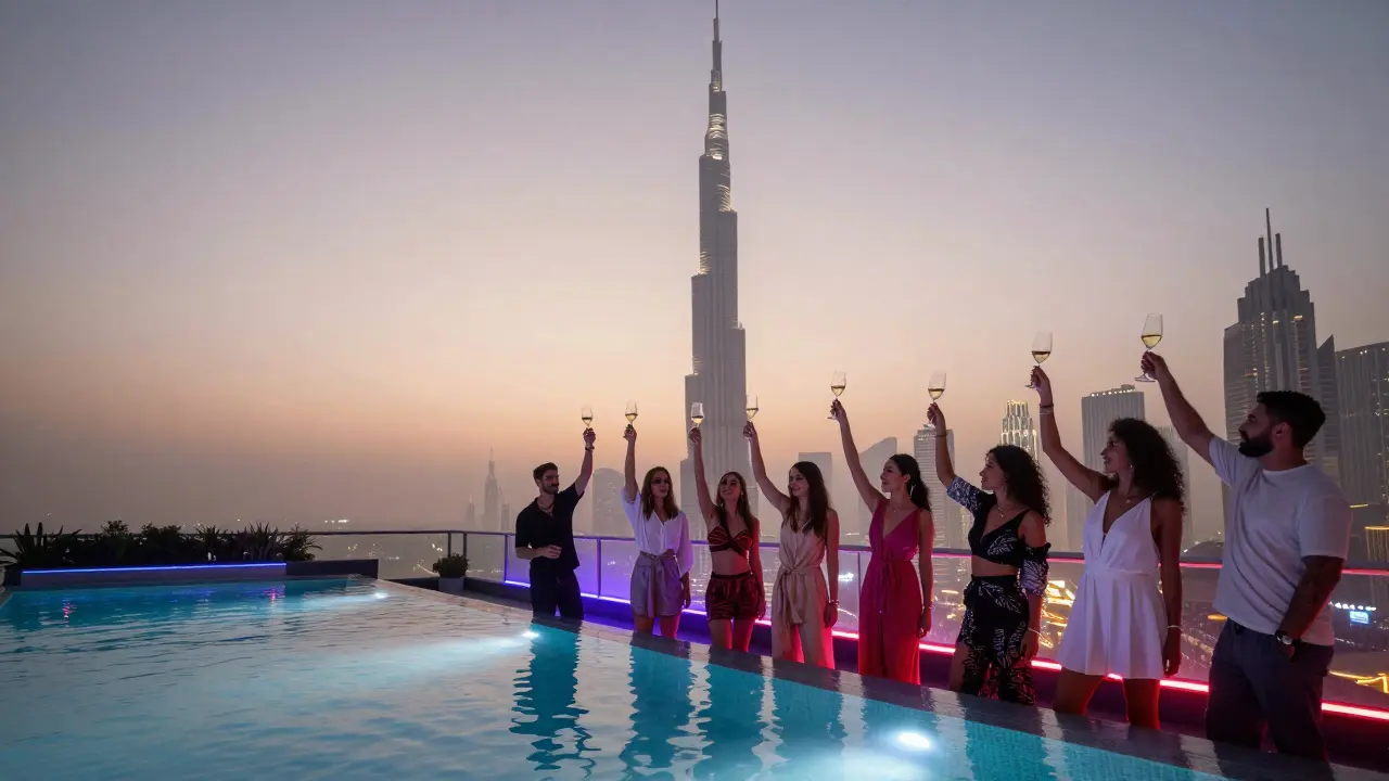 A group celebrating at a rooftop club as sunrise lights up Dubai&#039;s skyline behind them.
