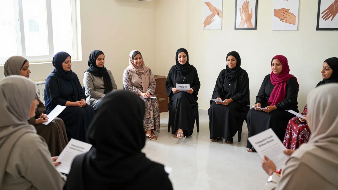 A group of women attend a quiet workshop on therapeutic touch, led by a certified massage therapist in Dubai.