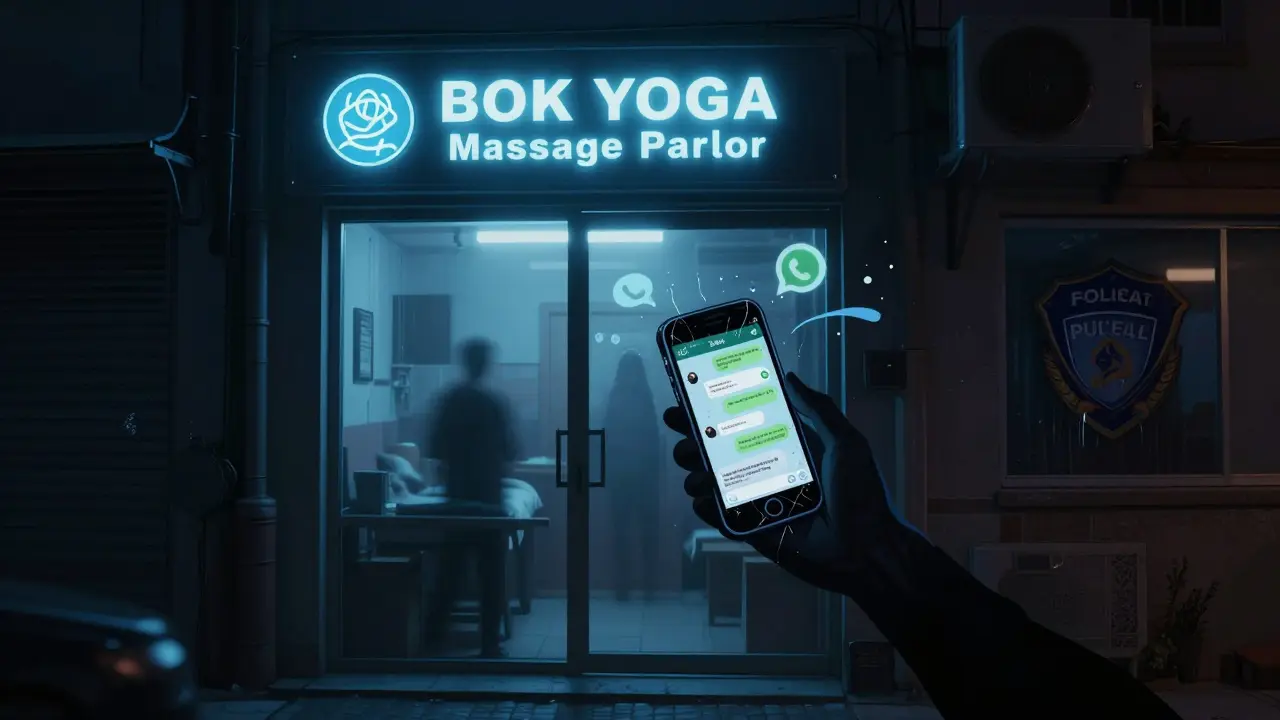 A hidden illegal massage parlor disguised as a yoga studio, with police surveillance implied.