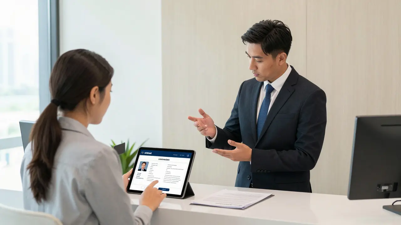 A licensed escort agency office in Dubai Marina with client reviewing a verified profile.