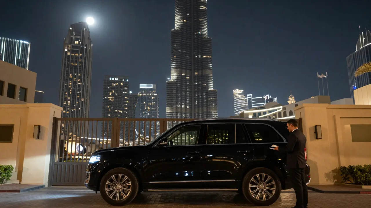 A luxury Dubai high-rise at night with a black SUV arriving at an unmarked gated compound, emphasizing hidden adult venues.