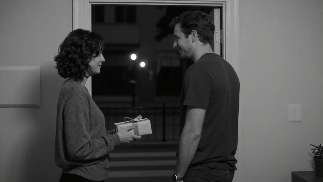 A man departs respectfully as a woman stands nearby, holding a small gift, the city lights glowing beyond the window in a quiet, dignified farewell.