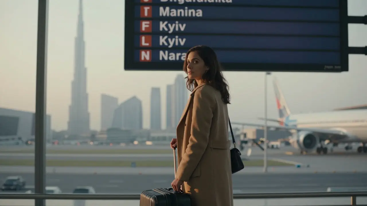 A migrant worker at an airport gate, suitcase in hand, looking back at Dubai’s skyline in reflection.