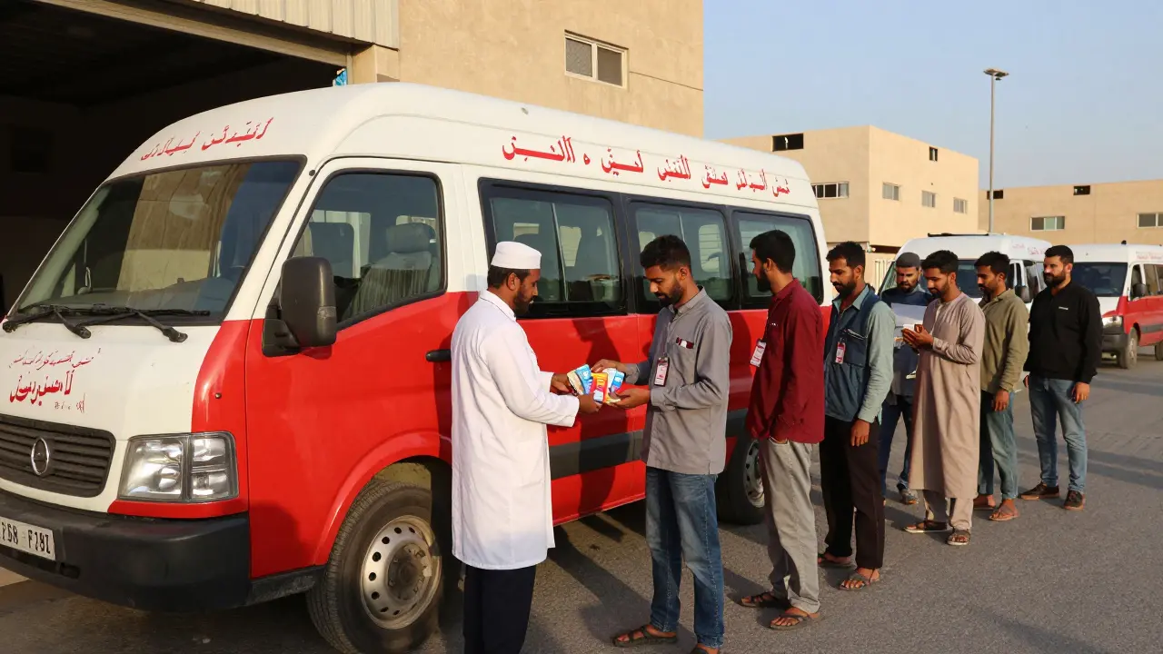 A mobile health unit distributes condoms to migrant workers outside a warehouse at sunset.