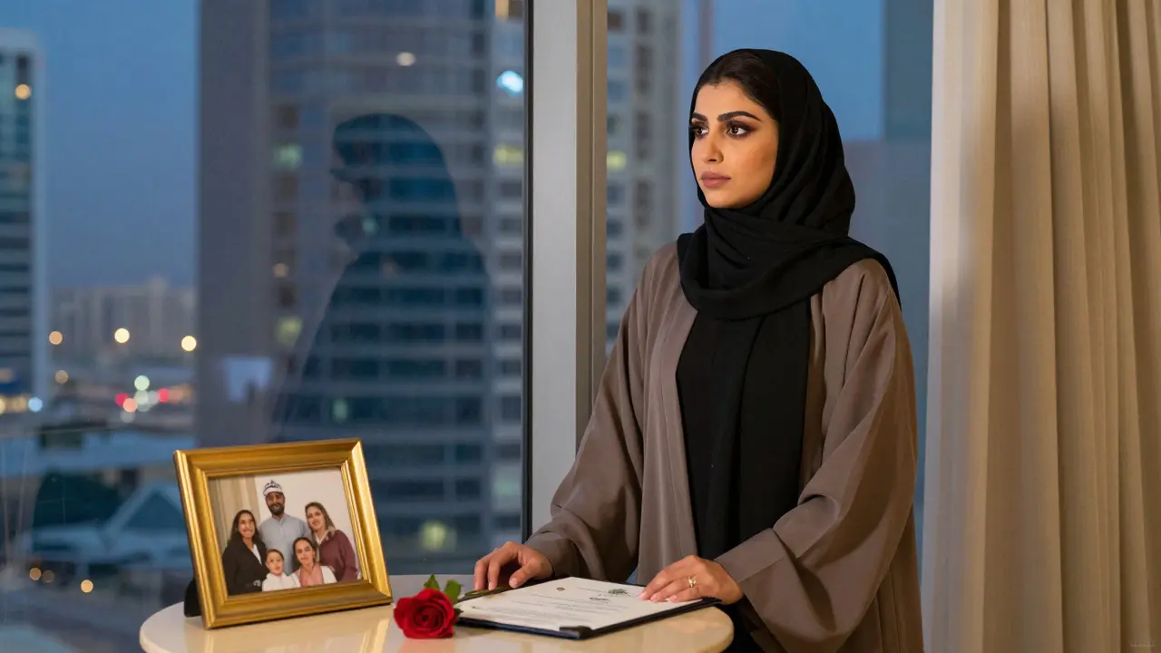 A modern Emirati woman gazes out her apartment window, balancing tradition, education, and personal dreams.