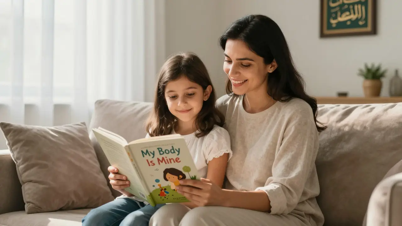 A mother and daughter reading an age-appropriate book about personal boundaries at home in Dubai.