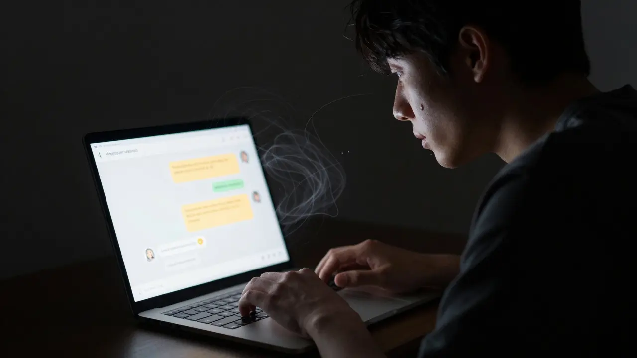 A person alone in a dark room, lit only by an AI chat interface glowing on a laptop screen.